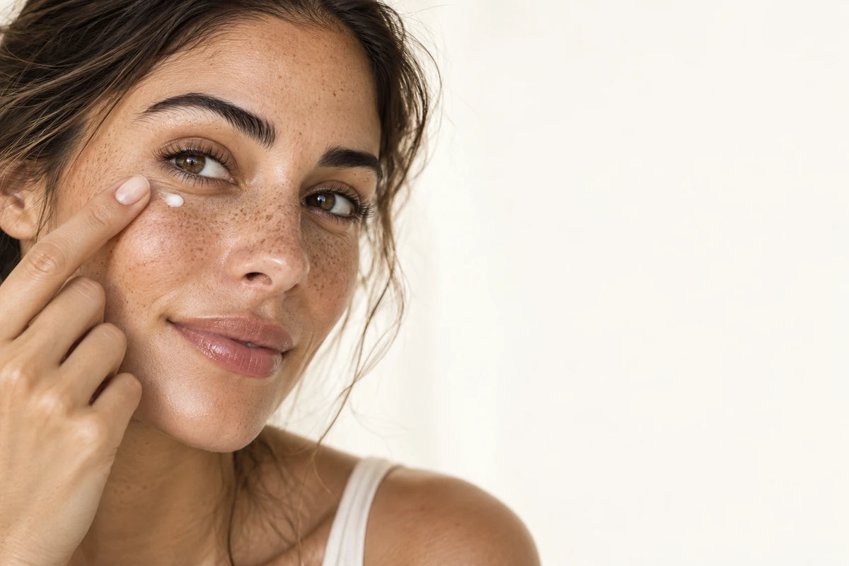 A woman gently patting a small dot of cream beneath her eye
